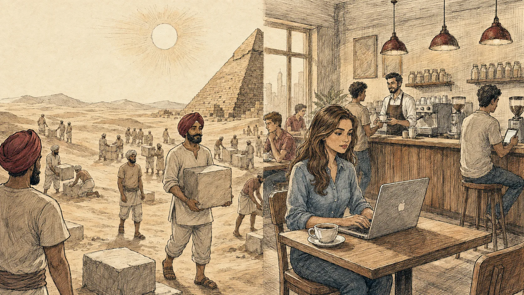 An etched diptych of pyramid builders carrying stones and a modern café worker at a laptop.